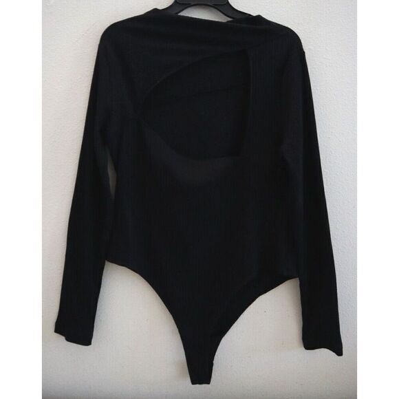 AllSaints WM168U Women's Sz 12 Black Gia Seamed Ribbed Long Sleeve Bodysuit - Picture 2 of 13